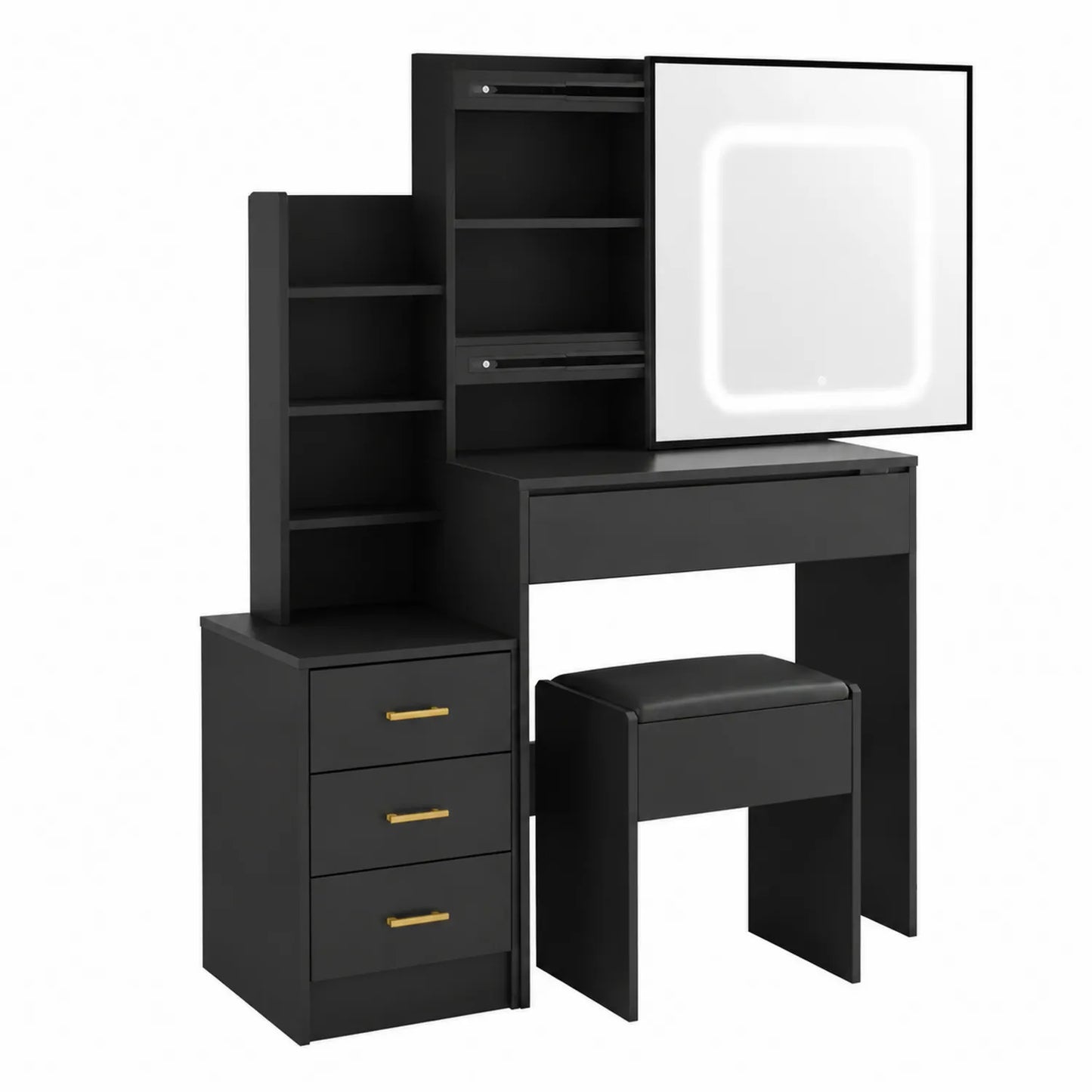 Coiffeuse noire en bois avec miroir LED et tabouret