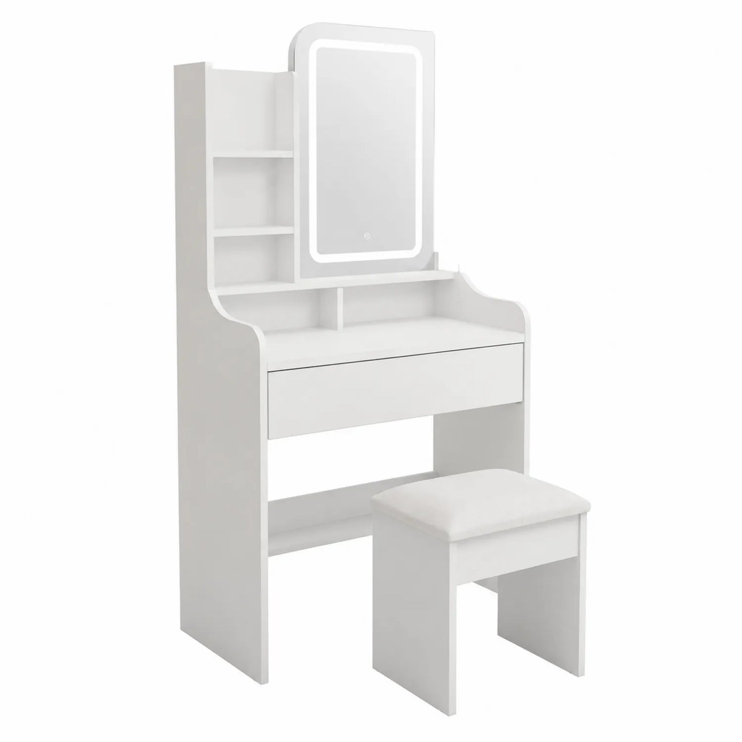 Coiffeuse Blanche avec Miroir LED et Tabouret Rembourré