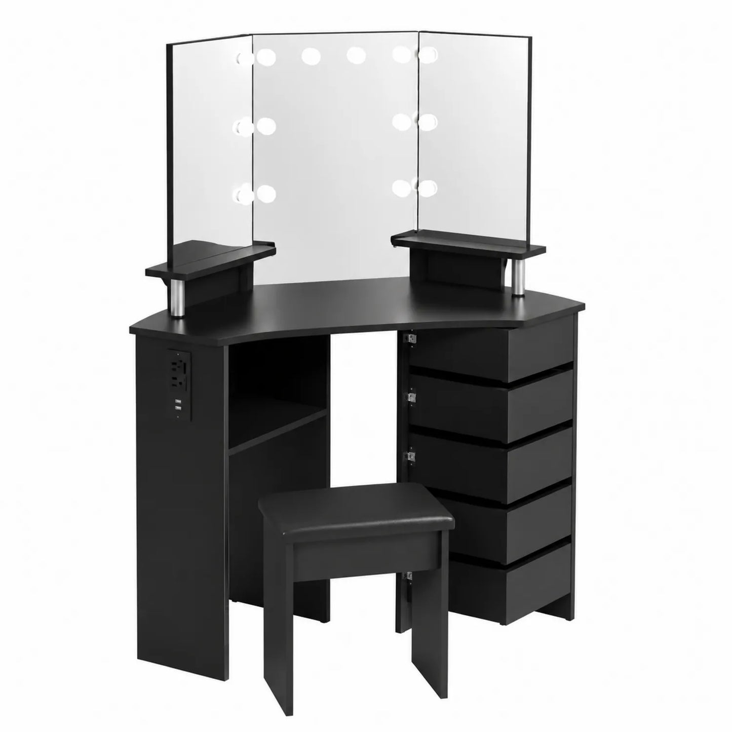 Coiffeuse d'angle en bois avec miroirs et LED, noir