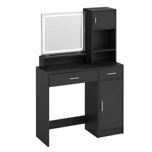Coiffeuse en Bois Noir avec Miroir LED et Rangement