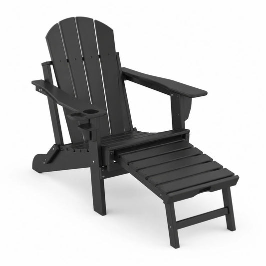 Chaise longue Adirondack extérieure en polyéthylène noir avec repose-pieds