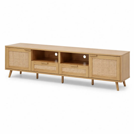 Meuble TV en bois avec portes en rotin