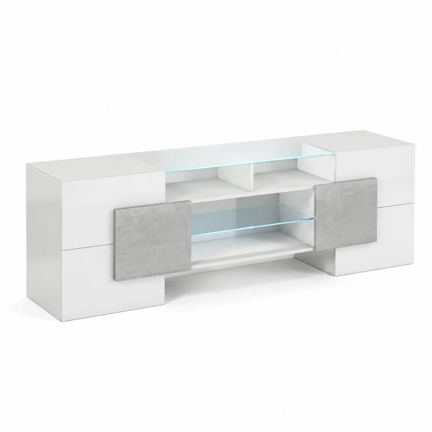 Meuble TV en MDF et verre trempé Blanc et Gris 180 cm