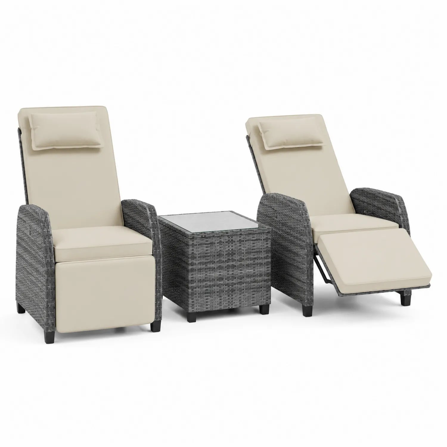 Ensemble de fauteuils inclinables en résine tressée et table en verre