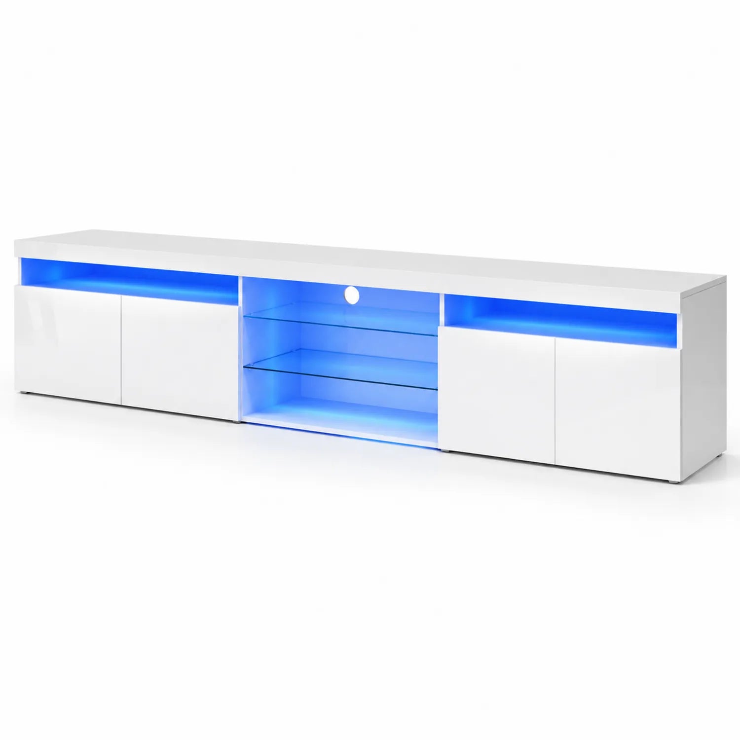 Meuble TV LED Blanc 200 cm avec Étagères en Verre Trempé