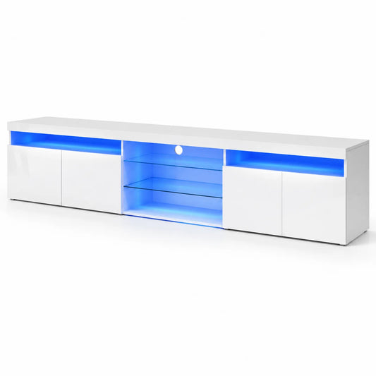 Meuble TV LED Blanc 200 cm avec Étagères en Verre Trempé