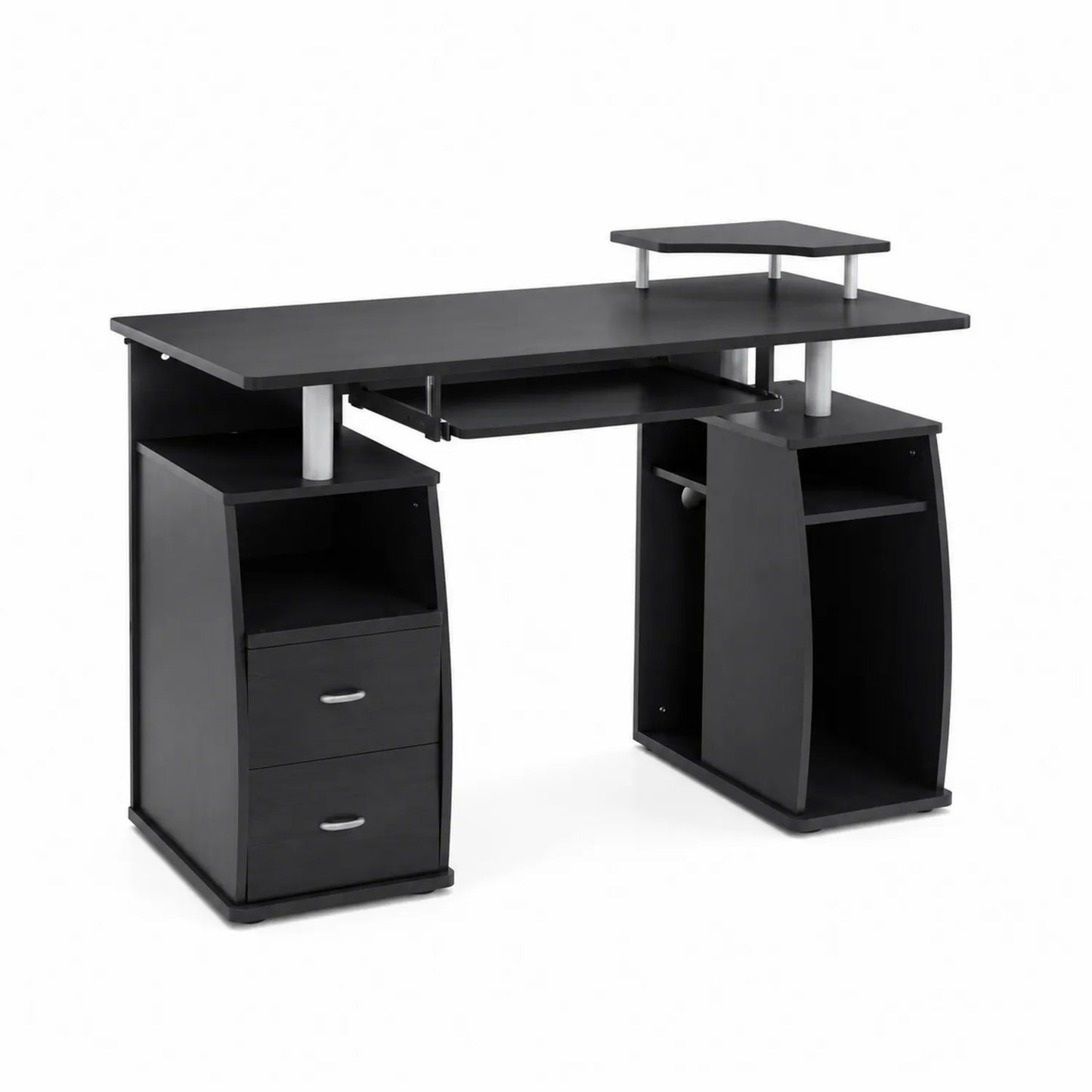 Bureau informatique en bois noir avec étagères intégrées