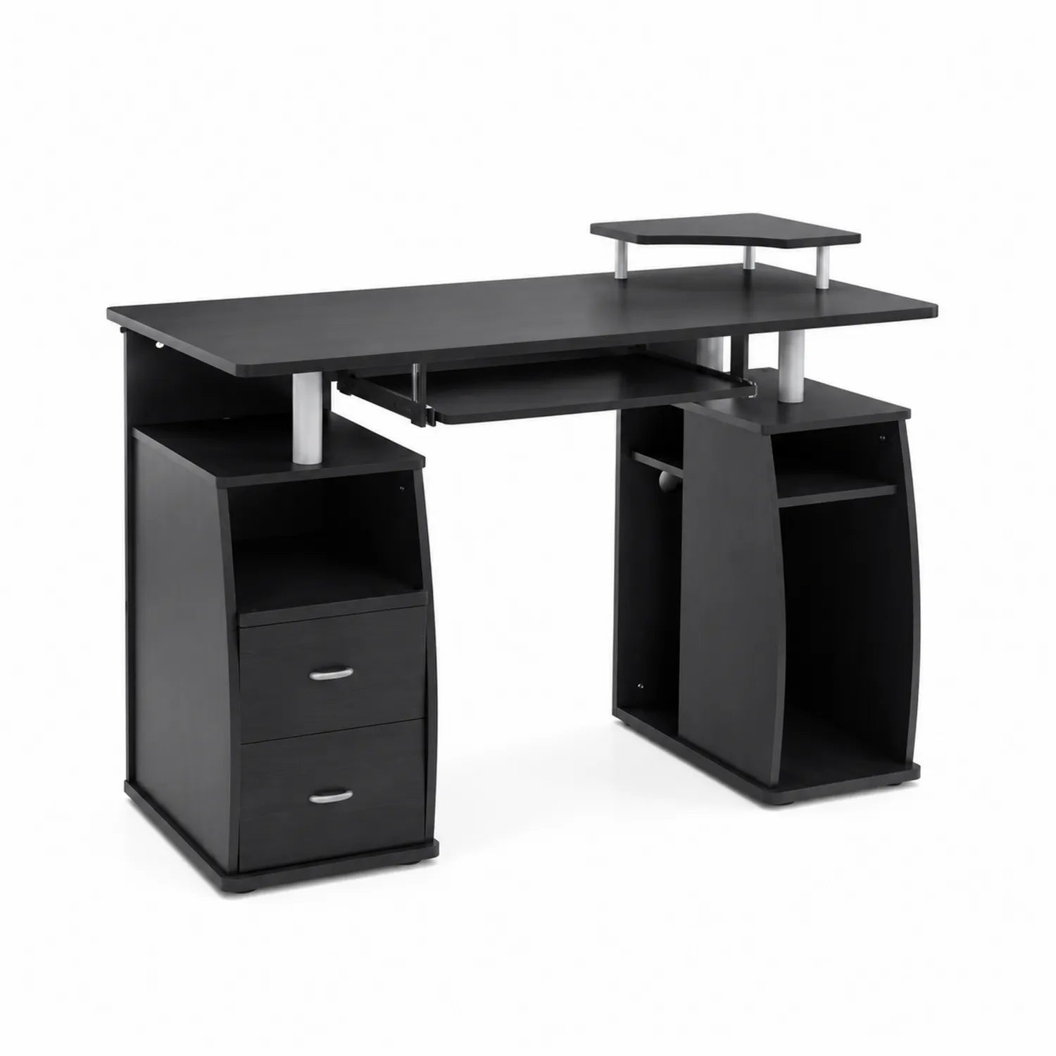 Bureau informatique en bois noir avec étagères intégrées