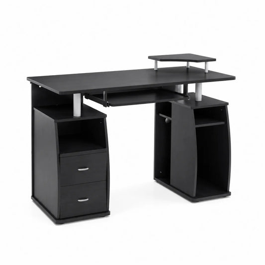 Bureau informatique en bois noir avec étagères intégrées