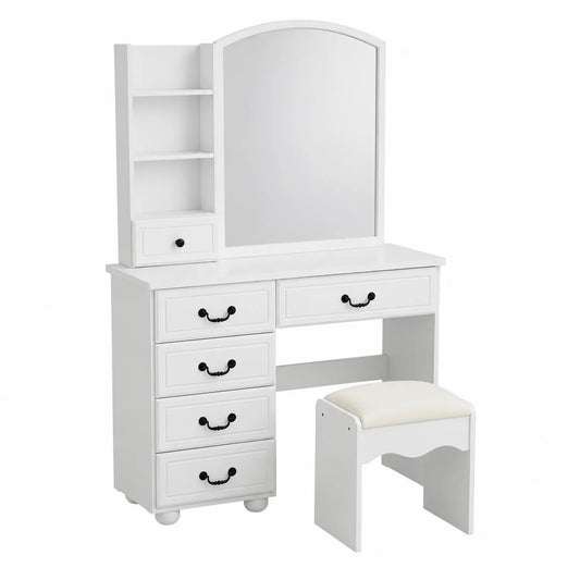 Coiffeuse avec Miroir et Tabouret en Bois Blanc