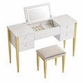 Coiffeuse avec Miroir Rabattable et Tabouret en Bois et Métal Blanc/Or