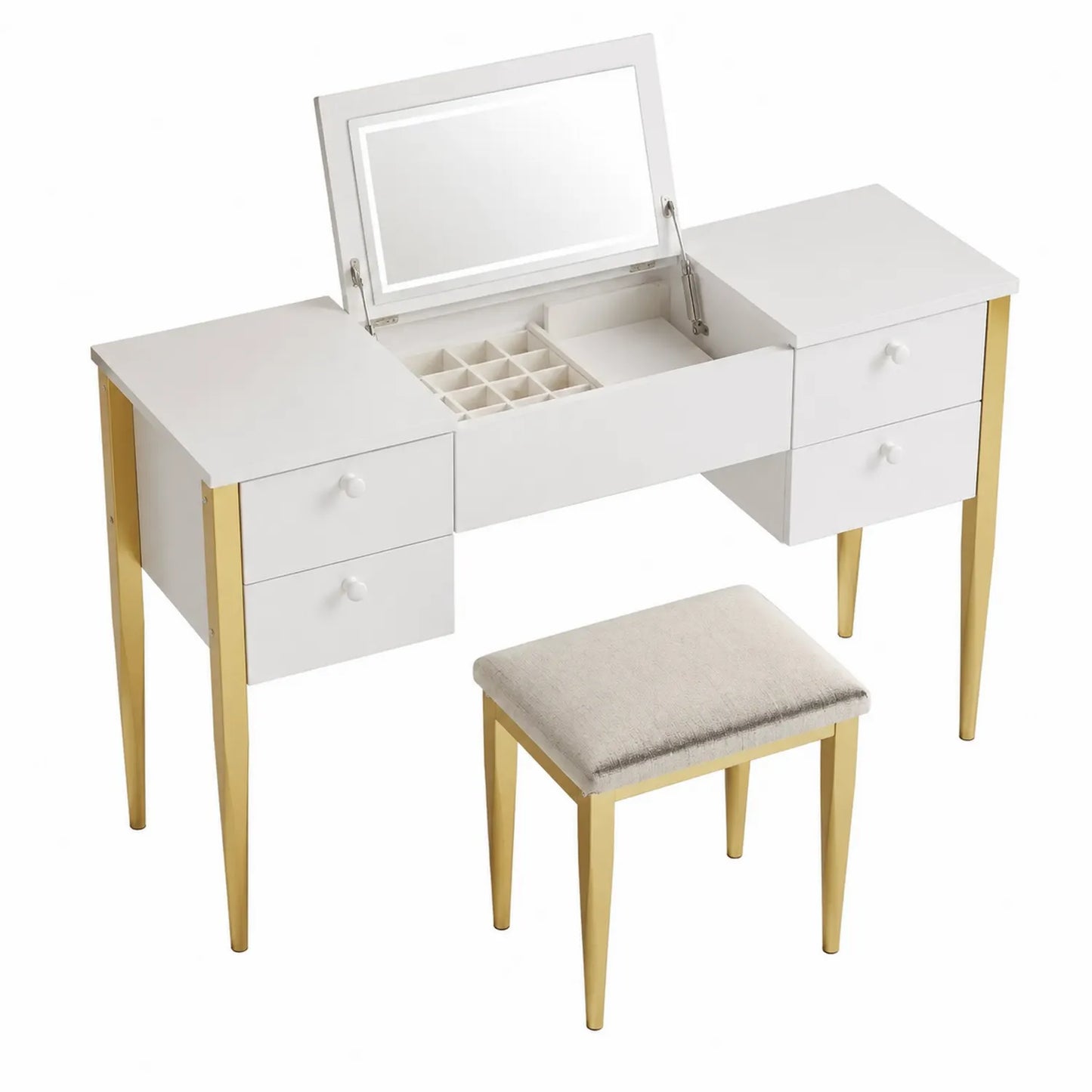 Coiffeuse avec Miroir Rabattable et Tabouret en Bois et Métal Blanc/Or