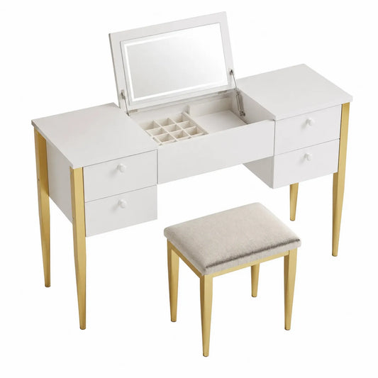 Coiffeuse avec Miroir Rabattable et Tabouret en Bois et Métal Blanc/Or