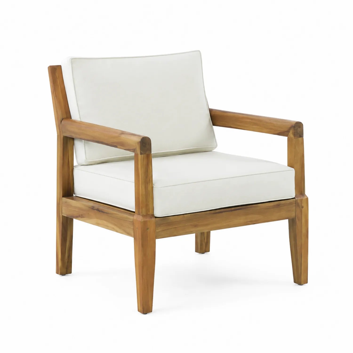 Fauteuil en bois de teck avec coussins en polyester beige