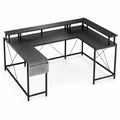 Bureau d'angle en métal et MDF avec rangement en tissu, Noir