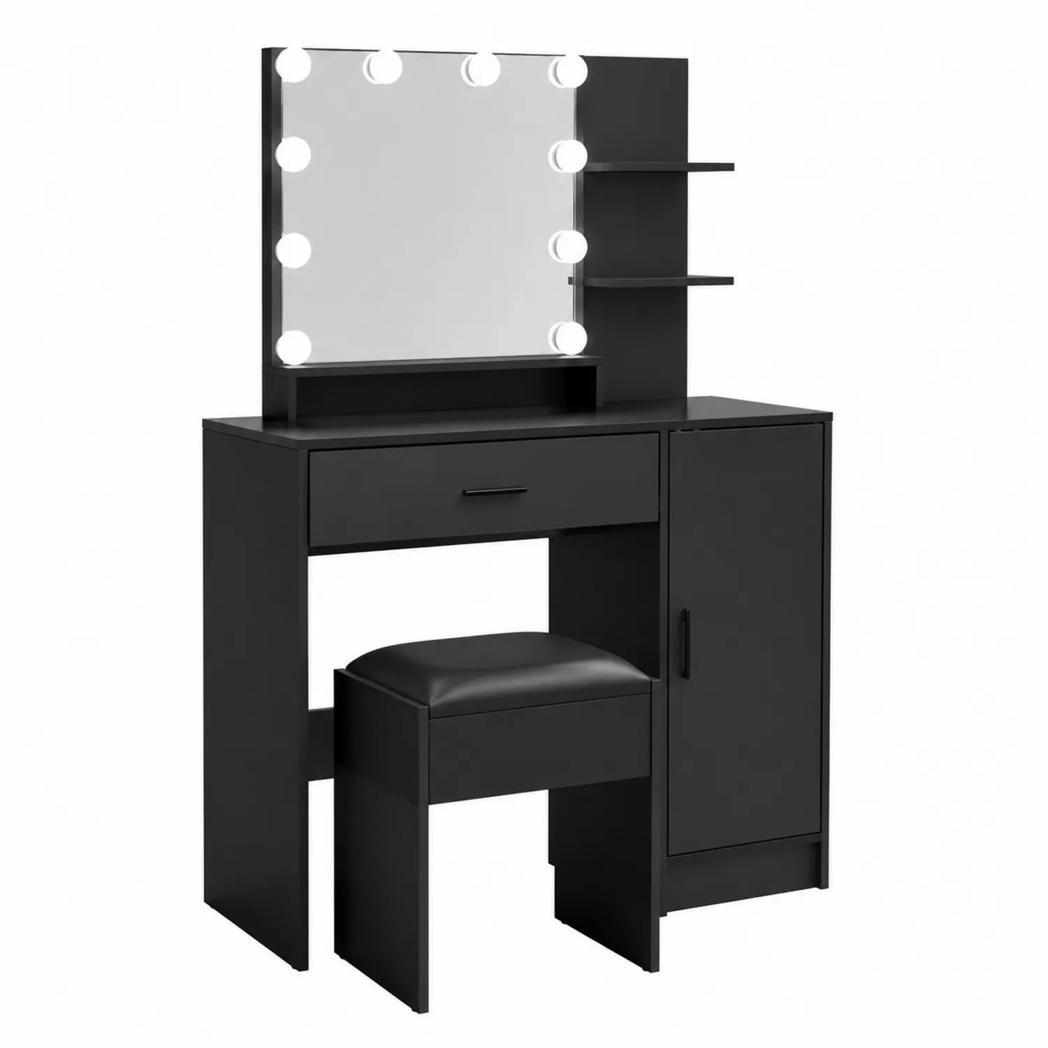 Coiffeuse en bois noir avec miroir LED et tabouret en similicuir