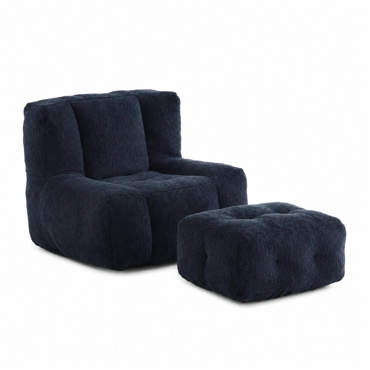 Fauteuil en tissu peluche avec repose-pieds bleu marine