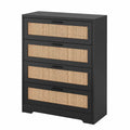 Commode en bois noir avec façades en rotin à quatre tiroirs