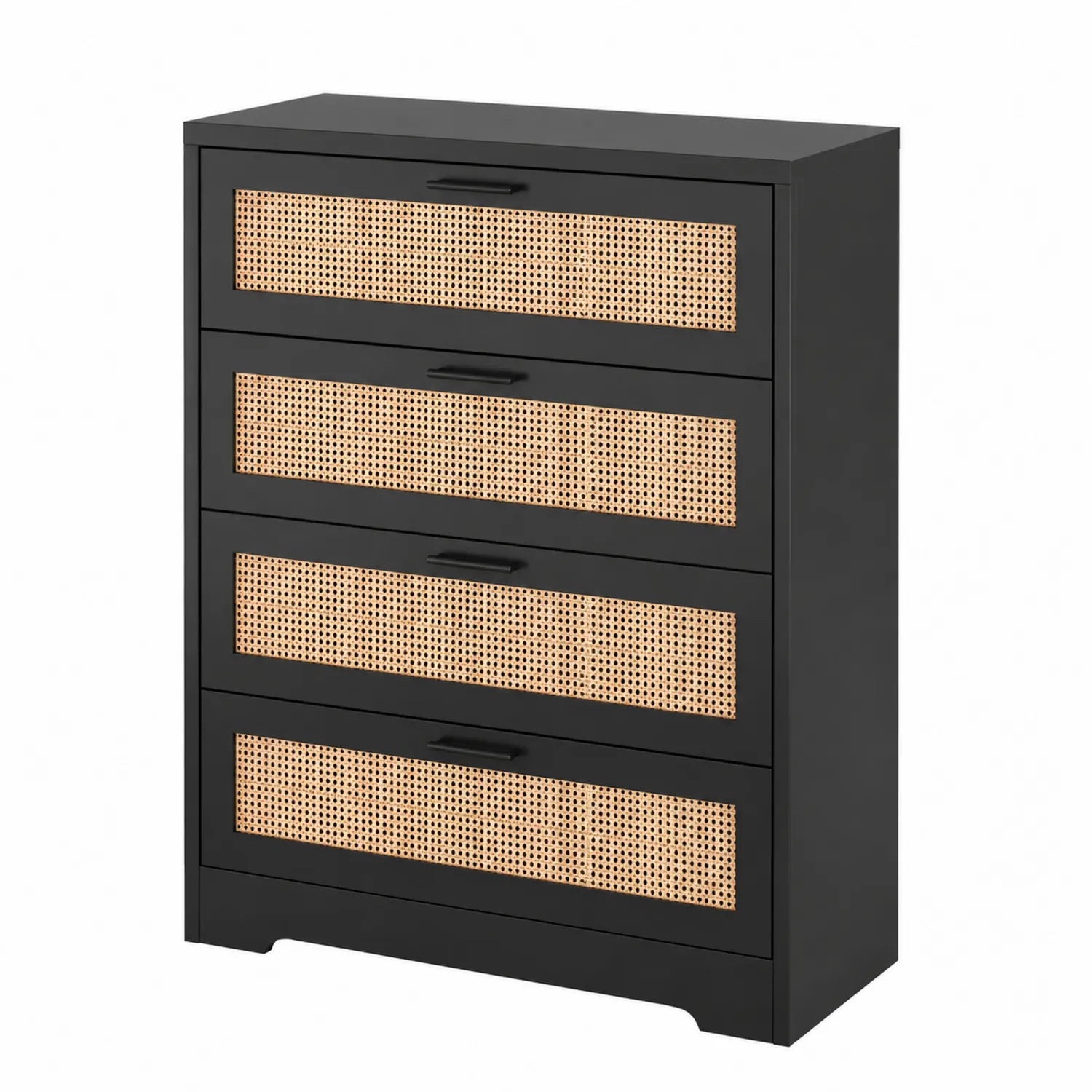 Commode en bois noir avec façades en rotin à quatre tiroirs