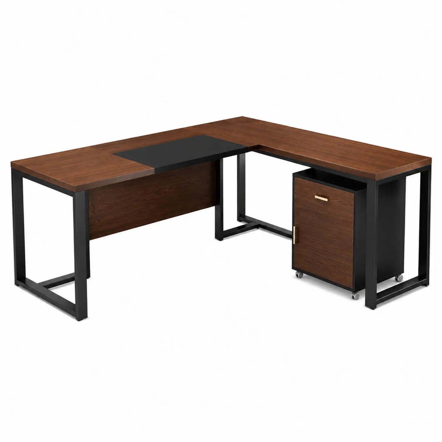 Bureau d'Angle en Bois de Noyer et Métal Noir avec Caisson